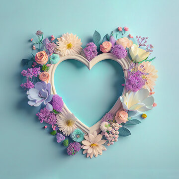 Creative Spring frame in heart shape made of fresh pastel flowers and leaves. Copy space. Soft pastel background, flat lay. Floral love decoration. Illustration, Generative AI.
