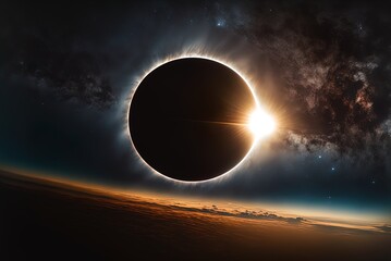 A solar eclipse is seen in the dark sky. Landscape. Art. Illustration. Generative AI. - obrazy, fototapety, plakaty