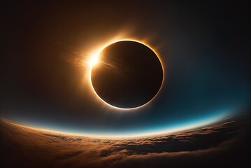 A solar eclipse is seen in the dark sky. Landscape. Art. Illustration. Generative AI. - obrazy, fototapety, plakaty
