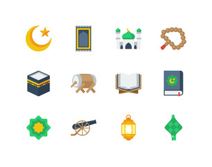Ramadan flat color icon set with Islam and Muslim related icons