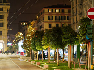  the main square in the city of La Spezia, with festive Christmas lights at night