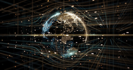 Global network expanding. Planet earth covered with fiber optics. Technology related 3D Illustration Render.