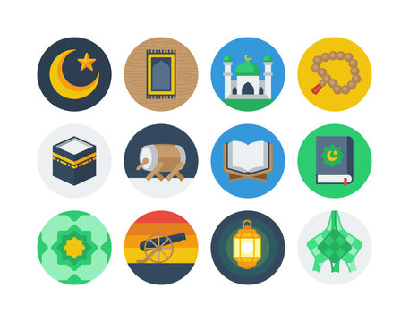 Ramadan flat circle badge icon set with Islam and Muslim related icons