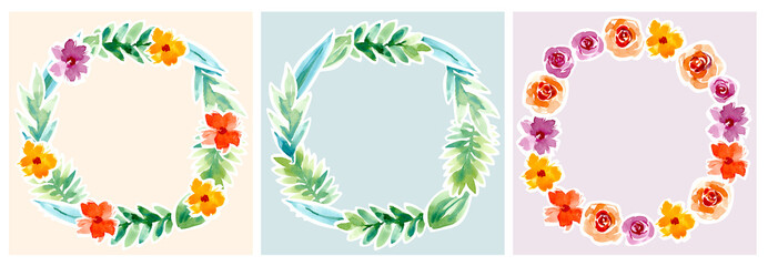 A set of watercolor floral circular text frames. Watercolor Hand-drawn Wreath for Invitation Design