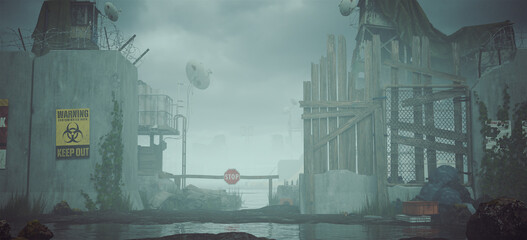 Post Apocalyptic Abandoned Outpost DMZ Guard Tower Toxic Nuclear Winter Environment with Sky an Water 3d illustration render