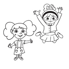 Kids. Cartoon clipart set for activity coloring book, t shirt print, icon, logo, label, patch or sticker. Children spend leisure time fun. Dancing to music. Funny cartoon character.