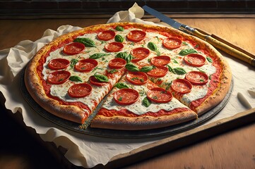 illustration of huge close-up homemade style pizza with full topping, pepperoni  ricotta pizza