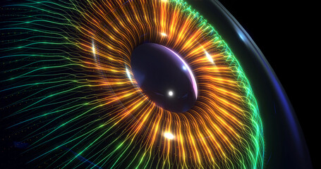 Optical fibers forming 3d human eye. Artificial intelligence concept. Futuristic technology concept 3d Illustration render.
