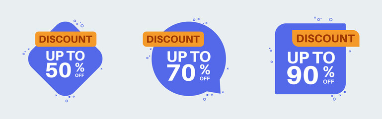 Discount label sticker in retro design style. Sticker with 50, 70, 90, percent off special price.