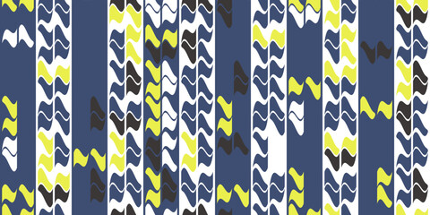Dark blue background with mosaic yellow and black flags. Seamless pattern for print and decor. Suitable for textile and packaging, seamless print. Vector wallpaper.