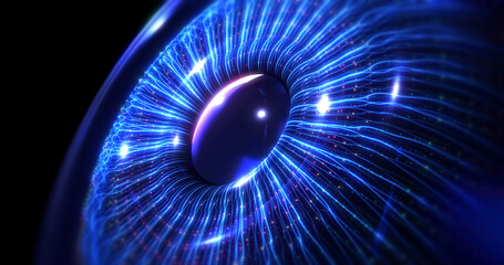 Digital artificial intelligence blue human eye formed by fiber optics. Futuristic technology concept 3d Illustration render.