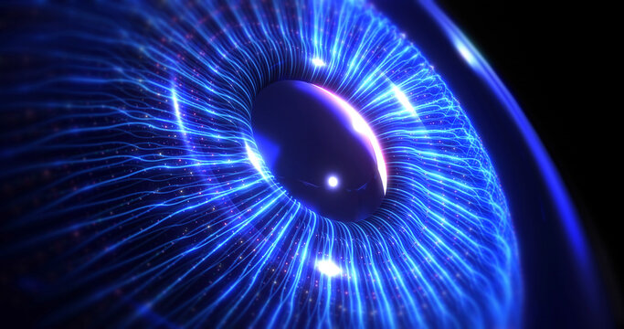 Optical fibers forming 3d blue human eye. Artificial intelligence concept. Futuristic technology concept 3d Illustration render.