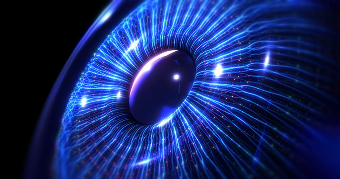 Digital artificial intelligence blue human eye formed by fiber optics. Futuristic technology concept 3d Illustration render.