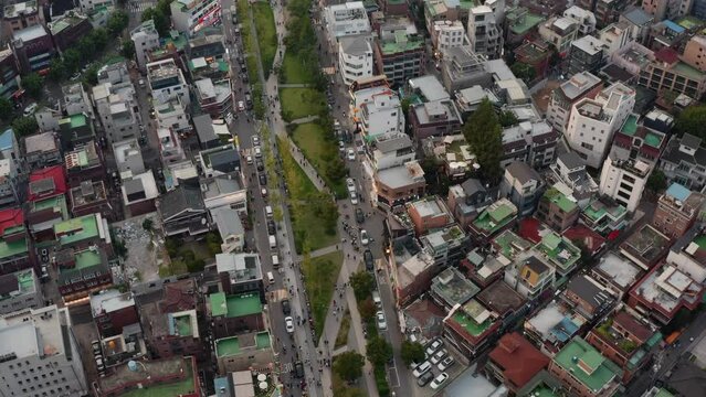 [korea drone footage] Seoul cityscape, Jongno, Mapo, Hongdae, , Hongik University, downtown