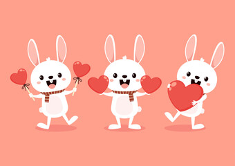 Obraz na płótnie Canvas Valentine's day card with Kawaii bunny. Rabbit cartoon vector collection. Animal wildlife character. Small lovely rabbit holds love heart. Valentine's day illustration.