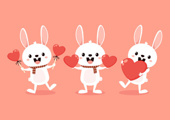 Valentine's day card with Kawaii bunny. Rabbit cartoon vector collection. Animal wildlife character. Small lovely rabbit holds love heart. Valentine's day illustration.