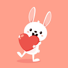 Valentine's day card with Kawaii bunny. Rabbit cartoon vector collection. Animal wildlife character. Small lovely rabbit holds love heart. Valentine's day illustration.