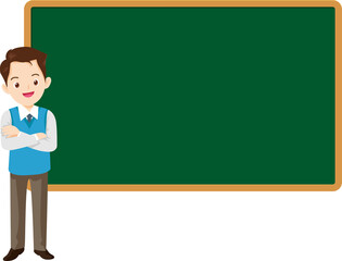 Teacher in classroom.School teacher,educational worker standing beside chalkboard