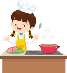 Cooking children girl Little kid making delicious food professional chef