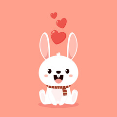 Valentine's day card with Kawaii bunny. Rabbit cartoon vector collection. Animal wildlife character. Small lovely rabbit holds love heart. Valentine's day illustration.