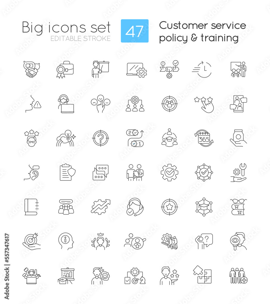 Aufkleber customer service policy and training linear icons set. business strategy. customizable thin line sym