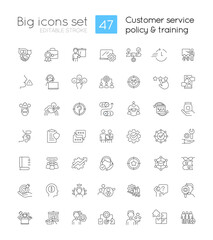 Customer service policy and training linear icons set. Business strategy. Customizable thin line symbols. Isolated vector outline illustrations. Editable stroke. Quicksand-Light font used