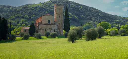 View on Sant'Antimo abbey in Castelnuovo dell'Abate. Tuscany, Italy