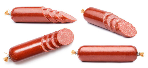 Collection of delicious salami smoked sausages, isolated on white background