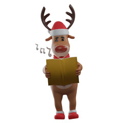 3D illustration. 3D Christmas Reindeer Cartoon Character singing a Christmas carol. bring a book and read. showing a serious expression. 3D Cartoon Character