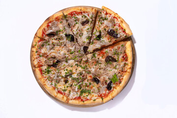 pizza with cheese, onion and mushrooms