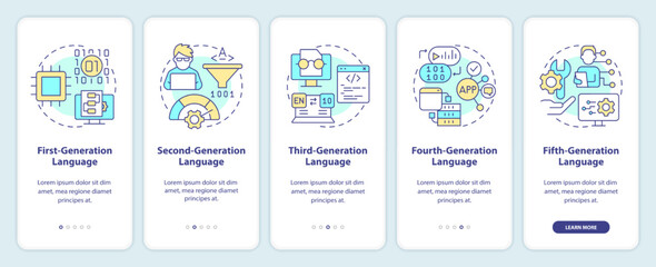 Programming language generations onboarding mobile app screen. Walkthrough 5 steps editable graphic instructions with linear concepts. UI, UX, GUI template. Myriad Pro-Bold, Regular fonts used