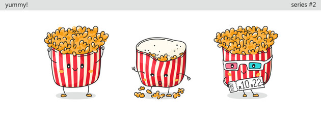 Popcorn. Set of cute kawaii characters. Funny cartoon fast food icons in different situations. Vector comic style illustration