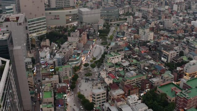 [korea drone footage] Seoul cityscape, Jongno, Mapo, Hongdae, , Hongik University, downtown