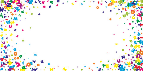 Falling letters of English language. Bright flying words of Latin alphabet. Foreign languages study concept. Favorable back to school banner on white background.