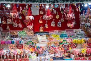 Assorted gummy candies and jellies on street market shop. A lot of colorful jelly sweets candy flavor. Lots of colorful sweets, candies background. Belgrade, Serbia 14.12.2022