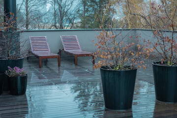 Two empty deck chairs on wooden balcony hiding behind the bushes in winter or rainy time. Solitude...