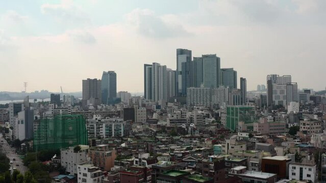[korea drone footage] Seoul cityscape, Jongno, Mapo, Hongdae, , Hongik University, downtown