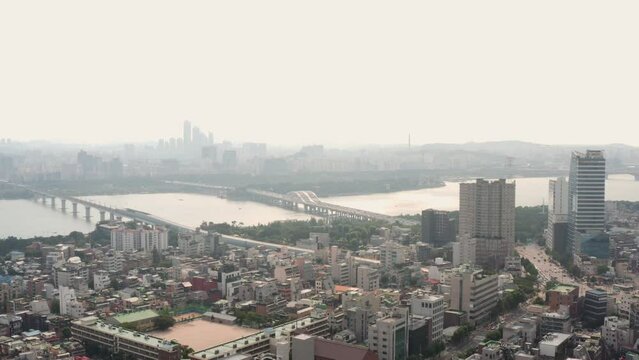 [korea drone footage] Seoul cityscape, Jongno, Mapo, Hongdae, , Hongik University, downtown