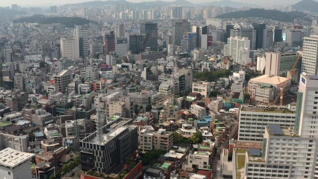 [korea drone footage] Seoul cityscape, Jongno, Mapo, Hongdae, , Hongik University, downtown
