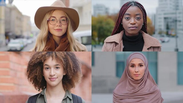 Split screen collage close-up beautiful pretty diverse young women looking at camera multiethnic different females businesswomen colleagues students posing outdoors beauty cosmetic service advertising