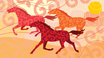 Vector image of horses running across the steppe with national ornaments