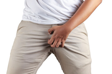 Asian man in reaction of scratching crotch on white background, closeup. Annoying itch or Tinea Cruris. Human body problem or healthcare and medicine concept.