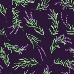 Handdrawn lavender bouquet seamless pattern. Provence herbal repeat botanical background. Vector lavandula cartoon illustration