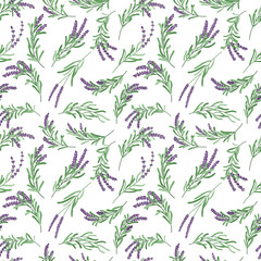 Naklejka na ściany i meble Handdrawn lavender bouquet seamless pattern. Provence herbal repeat botanical background. Vector lavandula cartoon illustration