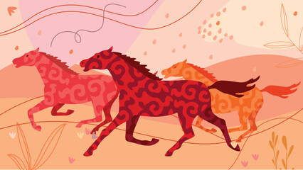 Vector image of horses running across the steppe with national ornaments