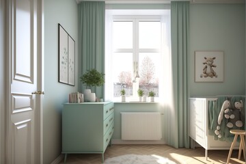 Fototapeta na wymiar Scandinavian baby room interior with pastel colors 