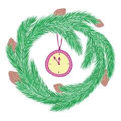 Pine frame with pine cones isolated on white background. Vector illustration of spruce wreath with a clock