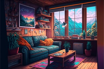 Cozy cabin house interior with couch and panoramic window