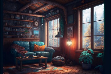 Fototapeta premium Cozy cyberpunk wooden house interior 
