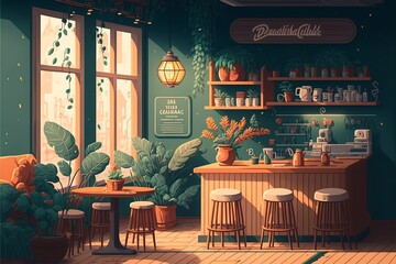 Fototapeta na wymiar Rustic style cozy coffee shop interior 
